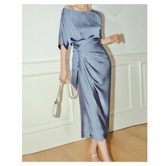Fehaute Dresses & Skirts - FEHAUTE Satin Wrap Waist Dress M Blue One Shoulder Satin A-Line Midi Dusky Blue